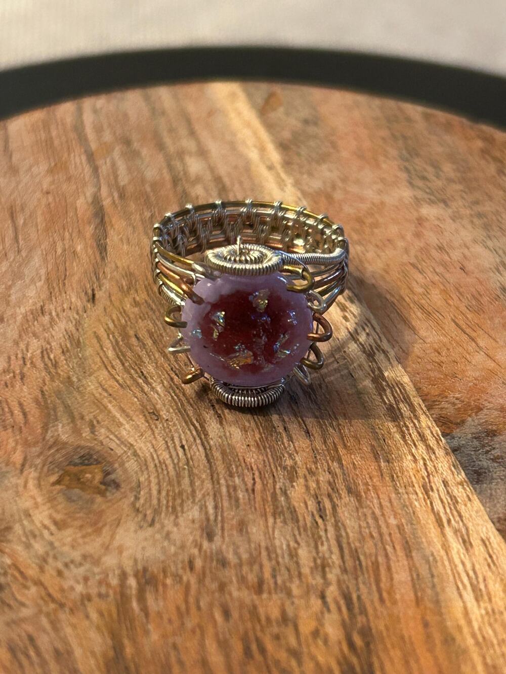 Handmade Pink Purple & Iridescent stone silver and copper wire ring